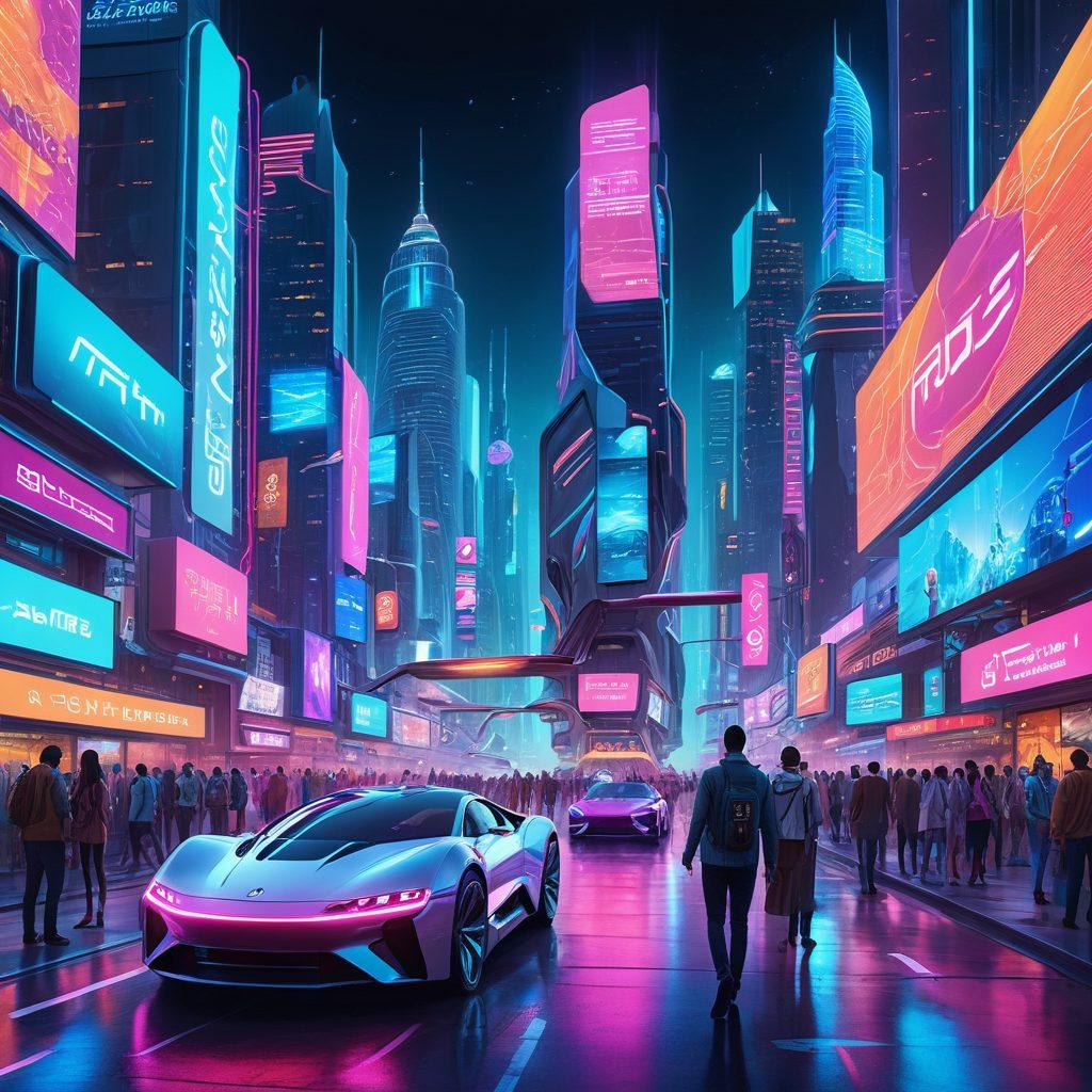 A vibrant futuristic cityscape filled with diverse people using innovative tech gadgets, holograms, and digital screens showcasing various advances in technology. The atmosphere is dynamic and full of energy, with bright neon lights illuminating the night sky. Include elements like flying cars, robotic assistants, and smart digital billboards to represent the future of tech. super-realistic. vibrant colors.