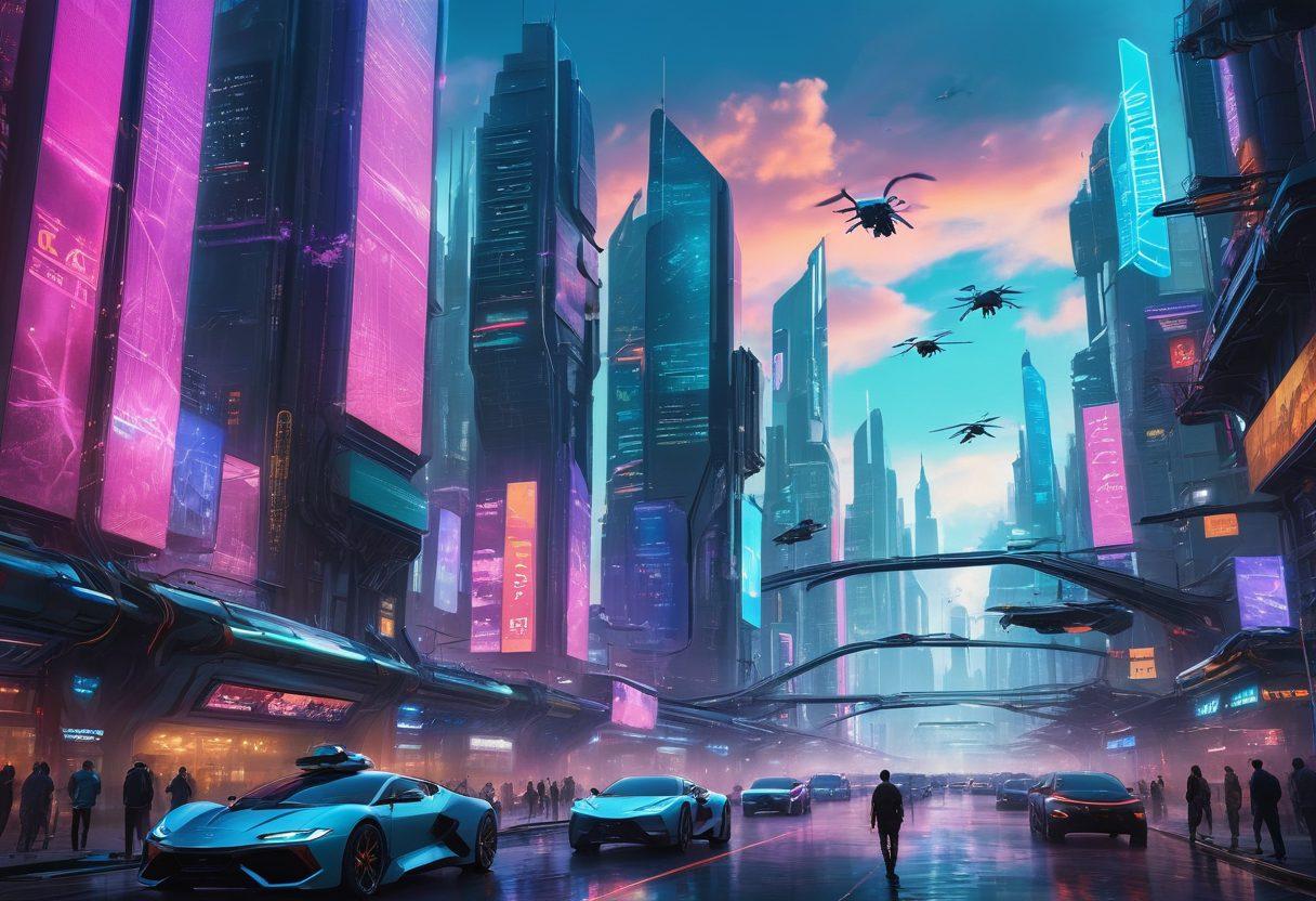 A futuristic cityscape with towering digital screens and holographic data streams flowing between them, representing the interconnectedness of digital products and data. People in advanced, tech-savvy attire are seen interacting with virtual interfaces. The sky is filled with drones and flying cars, symbolizing future innovation. cyberpunk. vibrant colors. super-realistic.