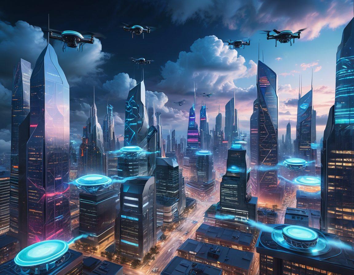 A futuristic cityscape bustling with smart devices seamlessly connected through an ethereal network of cloud servers in the sky. Drones, smart cars, and wearable technology interact harmoniously amidst advanced architecture. Super-realistic. Vibrant colors. High-tech ambiance.
